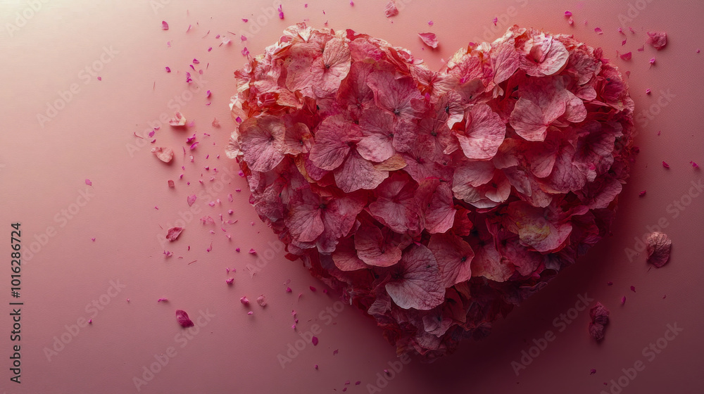 A heart-shaped object made from pink petals on a matching pink background, surrounded by scattered petals A heart-shaped object made from pink petals on a matching pink background, surrounded by scattered petals
