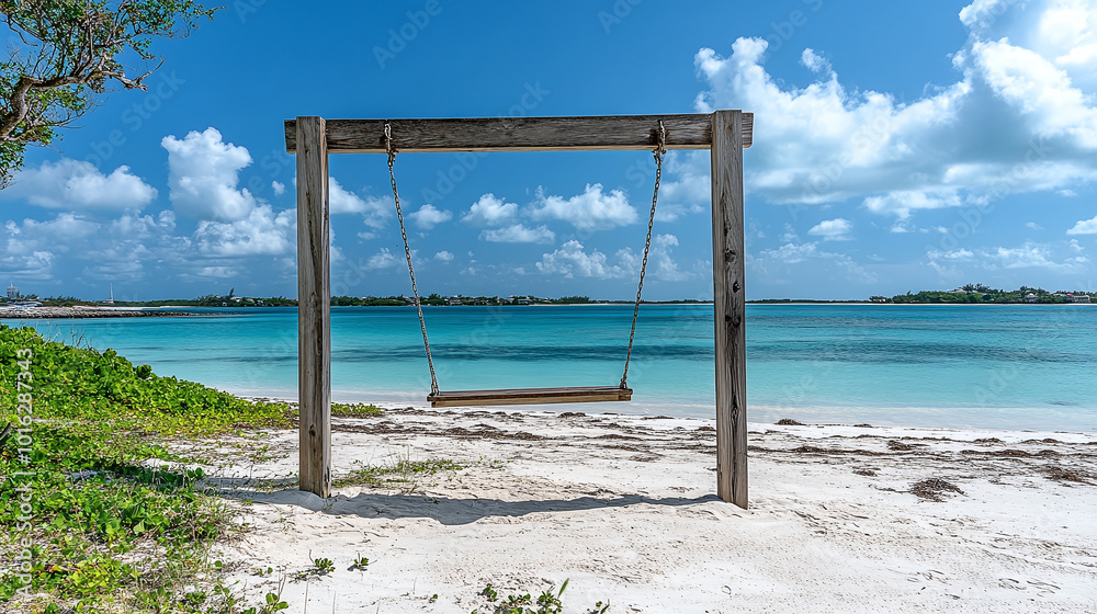 A tranquil tropical beach backdrop features a beach swing or hammock, white sand, and a serene sea, ideal for relaxation and summer holidays. Bahamas A tranquil tropical beach backdrop features a beach swing or hammock, white sand, and a serene sea, ideal for relaxation and summer holidays. Bahamas