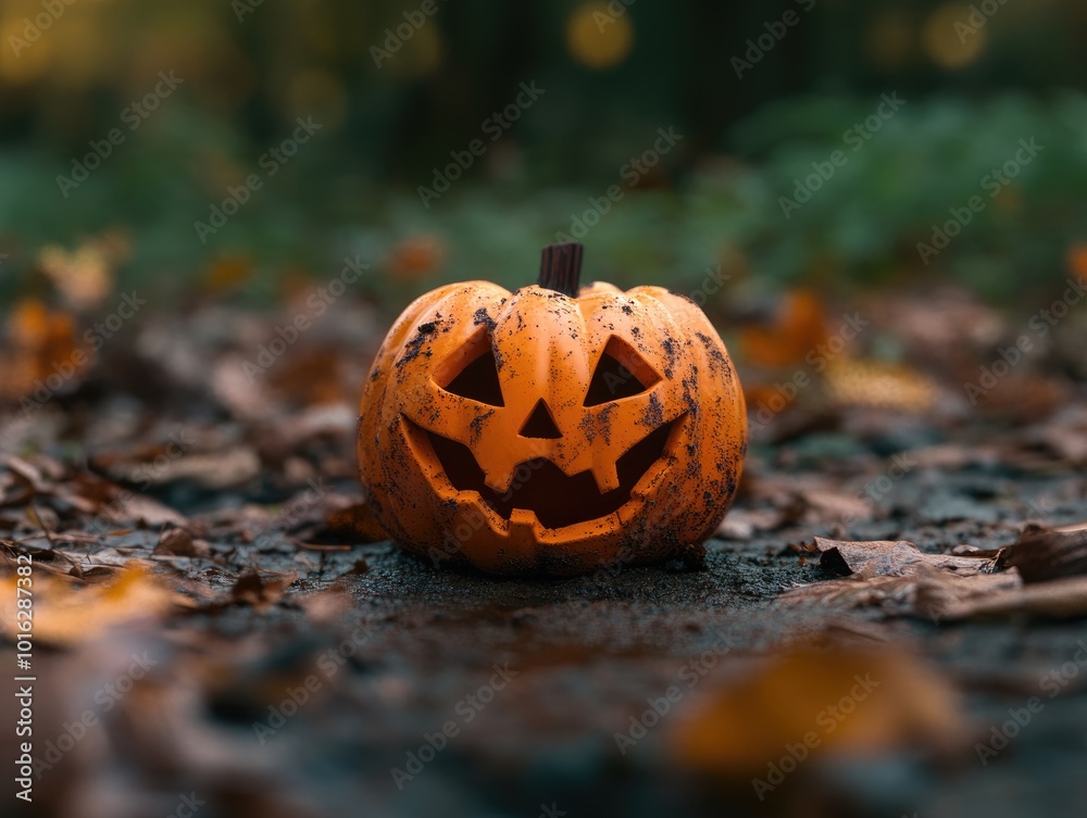 Halloween pumpkin with a scary face on the ground