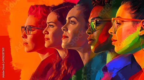 A vibrant illustration of five women in profile, showcasing diversity and empowerment through color and expression.