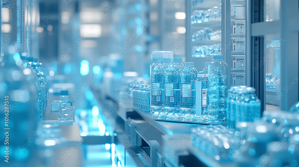 An automated industrial machine for plastic packaging is shown under a light effect, focusing on the automated packaging line for products and food in a light blue scene An automated industrial machine for plastic packaging is shown under a light effect, focusing on the automated packaging line for products and food in a light blue scene