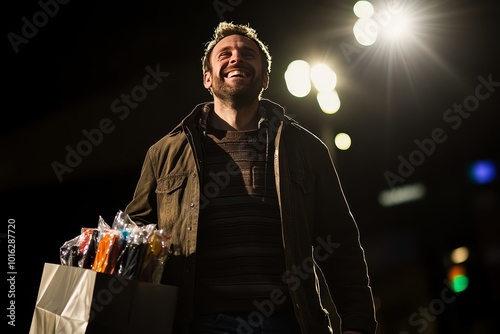 An adult male is happily shopping at a mall during the Black Friday carnival. his hands is a large and full shopping bag, as if he had just found a lot of good things from the discount section.  photo