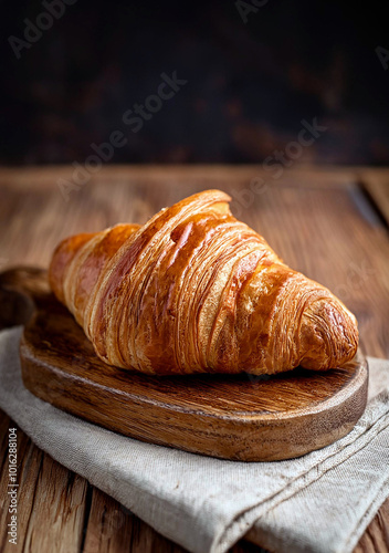 A freshly baked croissant displayed on a wooden board, with a dark background emphasizing its appetizing appearance and its flaky texture. photo