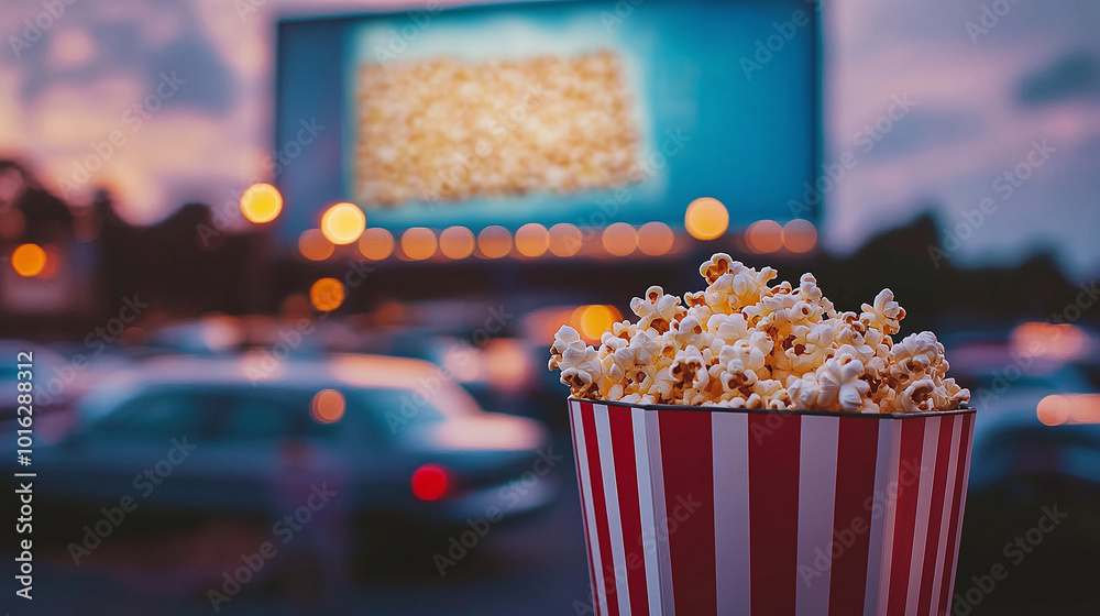 Focus on popcorn in red and white striped container with drive-in movie screen cars blurred background at dusk