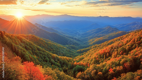 smoky mountains and forests blazing with fall colors under brilliant sunshine insane detail