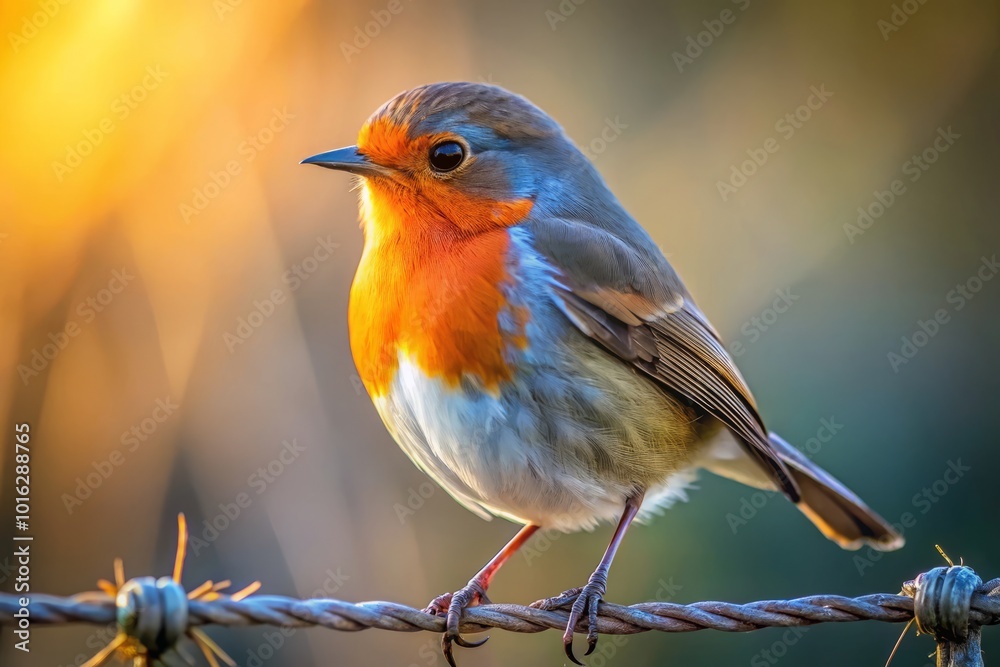 Fototapeta premium A stunning low light photograph of a Robin Redbreast resting on fence wire, ideal for nature enthusiasts and birdwatchers appreciating the beauty of