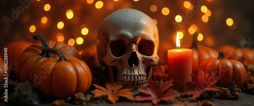 a skull surrounded by pumpkins and candles on a table photo