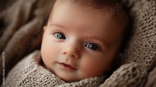 A close-up portrait of a baby looking at the camera.