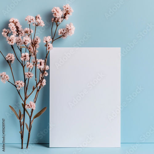 Blank white canvas beside delicate pink flowers against a soft blue background in a minimalistic setting photo