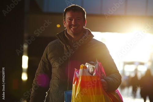 An adult male is happily shopping at a mall during the Black Friday carnival. his hands is a large and full shopping bag, as if he had just found a lot of good things from the discount section.  photo