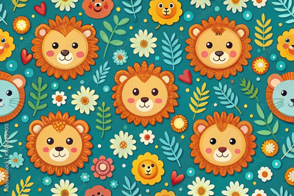 Naklejka premium Cute Lion Head Pattern Seamless Design for Digital Paper and Textiles