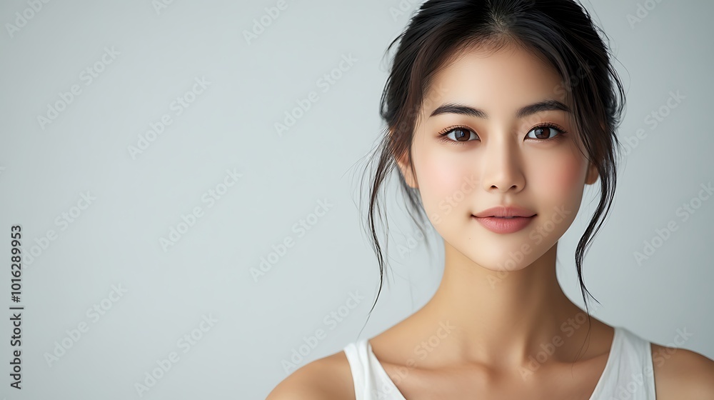 Portrait of a Smiling Young Woman with Long Black Hair, Realistic Illustration