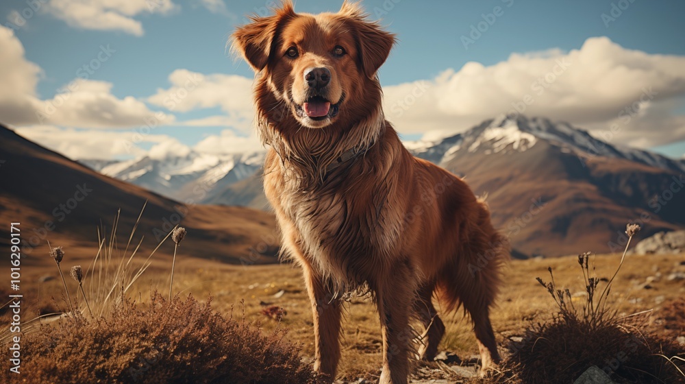 low angle of brown dog standing and looking away against cloudy sky low angle of brown dog standing and looking away against cloudy sky