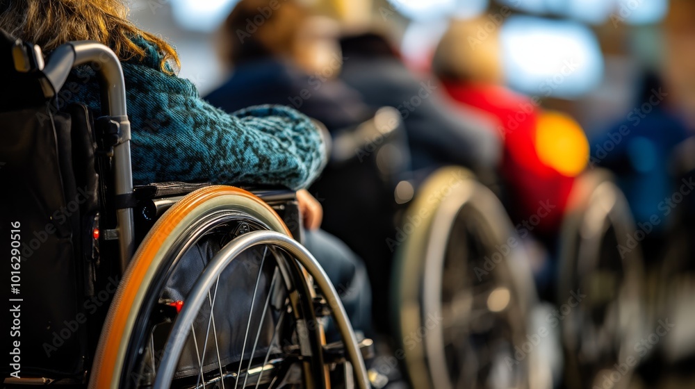 Obraz premium A line of individuals in wheelchairs, showcasing diversity and accessibility in a communal setting.