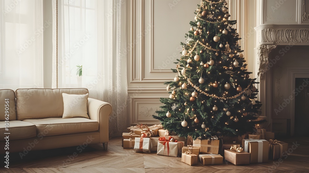 A Decorated Christmas Tree With Gifts Underneath In A Room With A White Couch A Decorated Christmas Tree With Gifts Underneath In A Room With A White Couch
