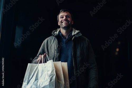 An adult male is happily shopping at a mall during the Black Friday carnival. his hands is a large and full shopping bag, as if he had just found a lot of good things from the discount section.  photo