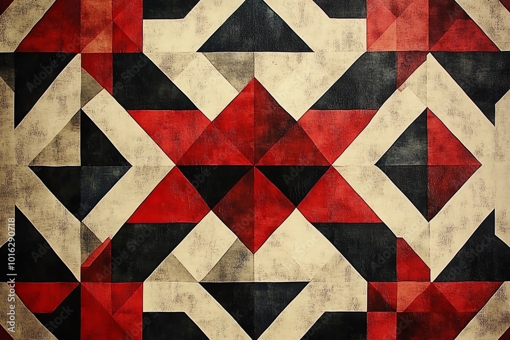 Abstract geometric pattern with red, black and white triangles and squares. Abstract geometric pattern with red, black and white triangles and squares.