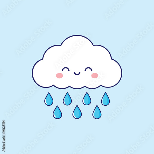 Cute Smiling Cloud Raining Blue Drops Vector Icon Illustration.