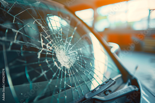 Wallpaper Mural Cracked and shattered car windshield, emphasizing damage and impact in a vehicle accident scene. Torontodigital.ca