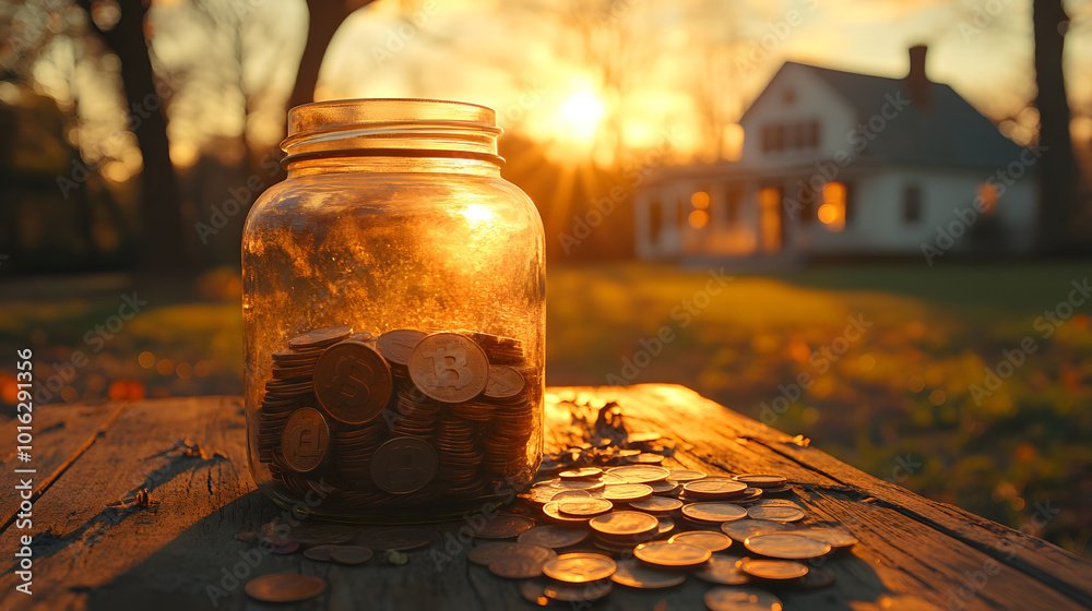 A striking photograph depicting a jar filled with coins sitting on an old wooden table, evoking feelings of nostalgia and the passage of time. The clear glass jar showcases the shimmering coins, symbo A striking photograph depicting a jar filled with coins sitting on an old wooden table, evoking feelings of nostalgia and the passage of time. The clear glass jar showcases the shimmering coins, symbo