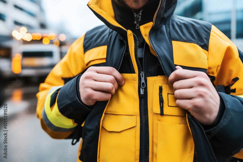 Close-up of a person wearing a yellow and black emergency medical services jacket, zipping it up. An ambulance is visible in the blurred background.