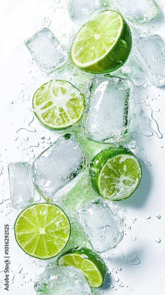 Slices of fresh lime and crystal-clear ice cubes cascade down, capturing a vivid and cooling scene that evokes a refreshing and invigorating essence of tranquility. Slices of fresh lime and crystal-clear ice cubes cascade down, capturing a vivid and cooling scene that evokes a refreshing and invigorating essence of tranquility.
