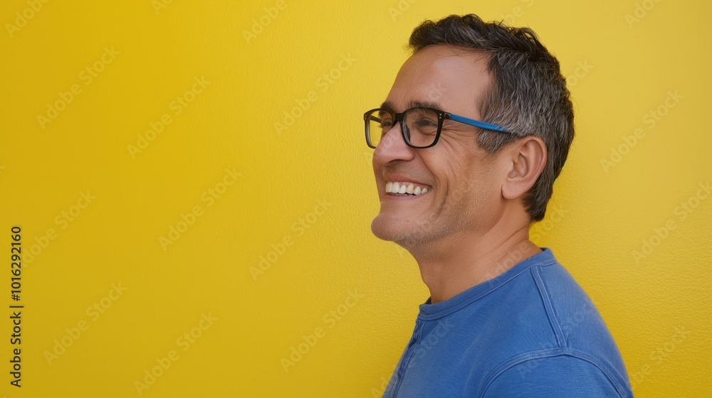 Middle-aged hispanic man smiling in profile against vibrant yellow background. Wearing blue shirt and glasses. Gazing at something off-camera with joyful expression. Middle-aged hispanic man smiling in profile against vibrant yellow background. Wearing blue shirt and glasses. Gazing at something off-camera with joyful expression.