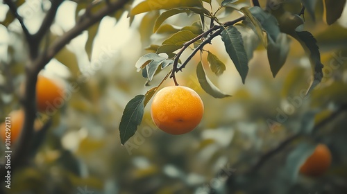 A ripe orange hanging from a tree branch.