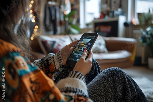 Person Shopping on E commerce Website Using Smartphone in Trendy Living Room