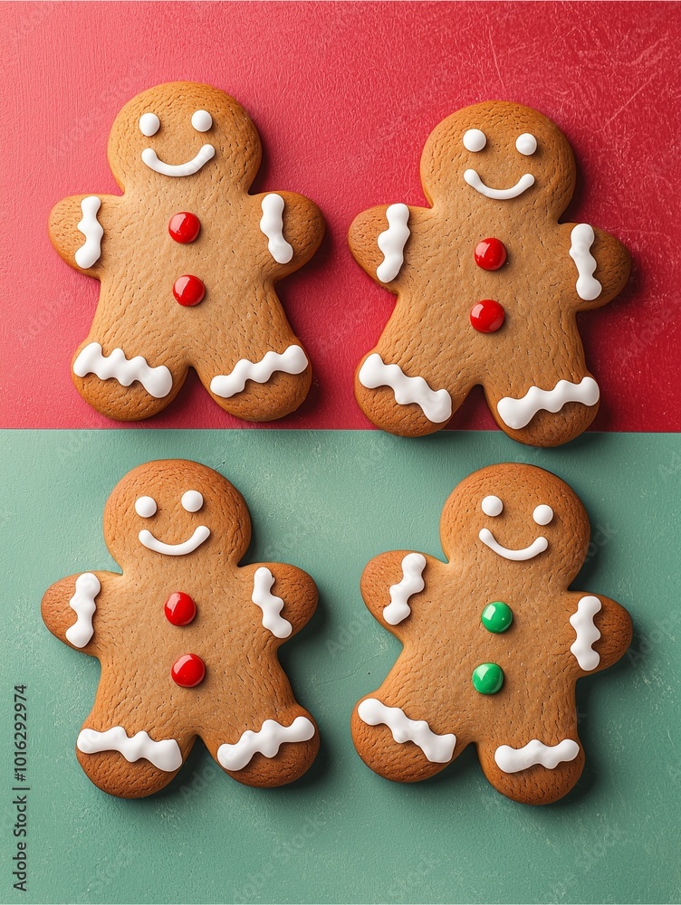 Four cheerful gingerbread cookies with icing decorations, arranged on a festive red and green background. Four cheerful gingerbread cookies with icing decorations, arranged on a festive red and green background.