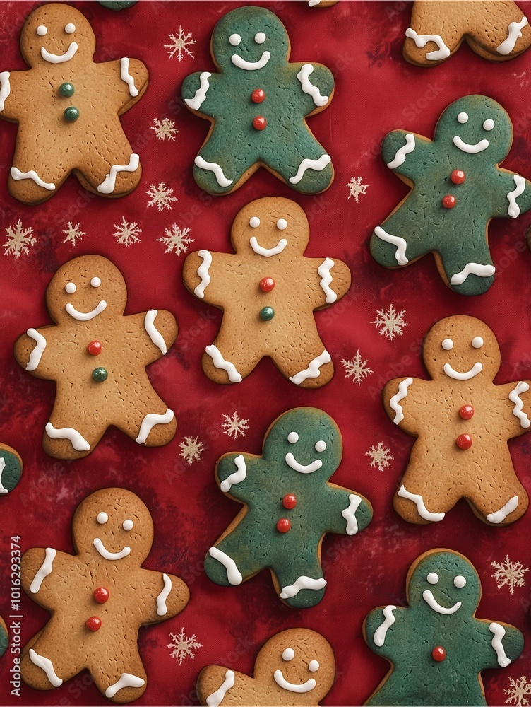 A festive arrangement of gingerbread cookies shaped like cheerful little people, decorated with colorful icing on a red snowy background.