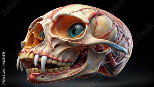 Detailed illustration of a cat's skull, showcasing the intricate anatomy of the cranium, mandible, and dental structure in a visually striking and educational format. photo