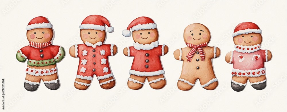 A festive display of gingerbread cookies dressed in Santa outfits, perfect for holiday cheer and seasonal treats.