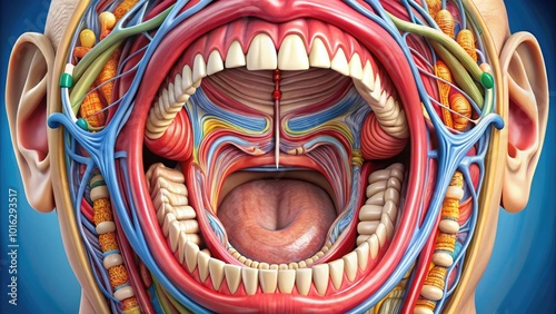 Detailed illustration of human oral cavity anatomy, showcasing teeth, tongue, gingiva, palate, uvula, tonsils, and surrounding muscles in a vivid, colorful, and accurately labeled depiction.