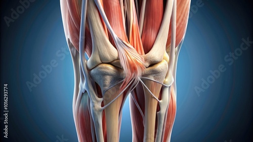 Detailed illustration of the human knee anatomy, showcasing bones, ligaments, tendons, and muscles in precise 3D rendering, ideal for medical and educational purposes. photo