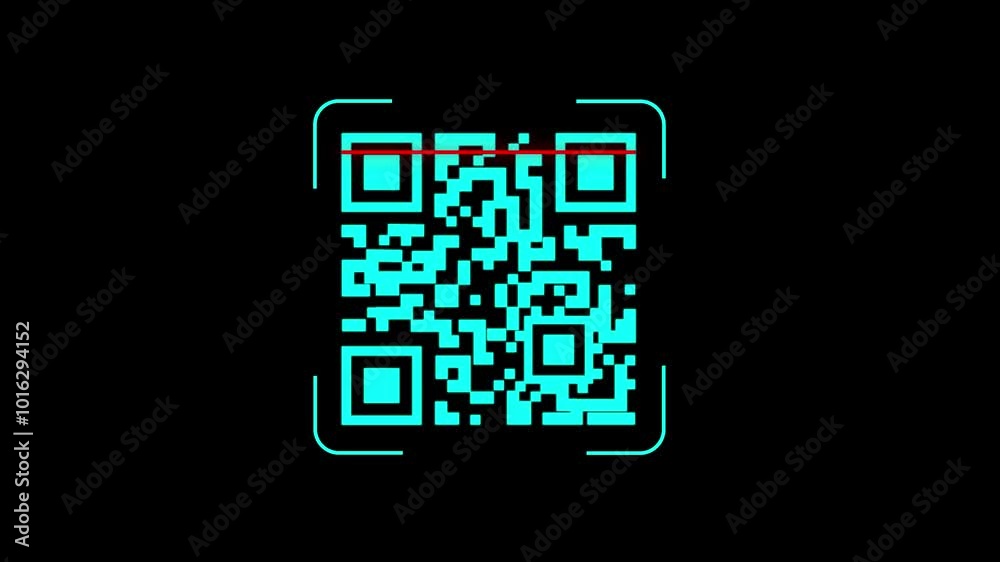 QR code scanner animation. Scan qr code icon with red laser, barcode scanner animation on black background, QR code scanner. For selling consumer goods on the market or advertising. QR code scanner animation. Scan qr code icon with red laser, barcode scanner animation on black background, QR code scanner. For selling consumer goods on the market or advertising.