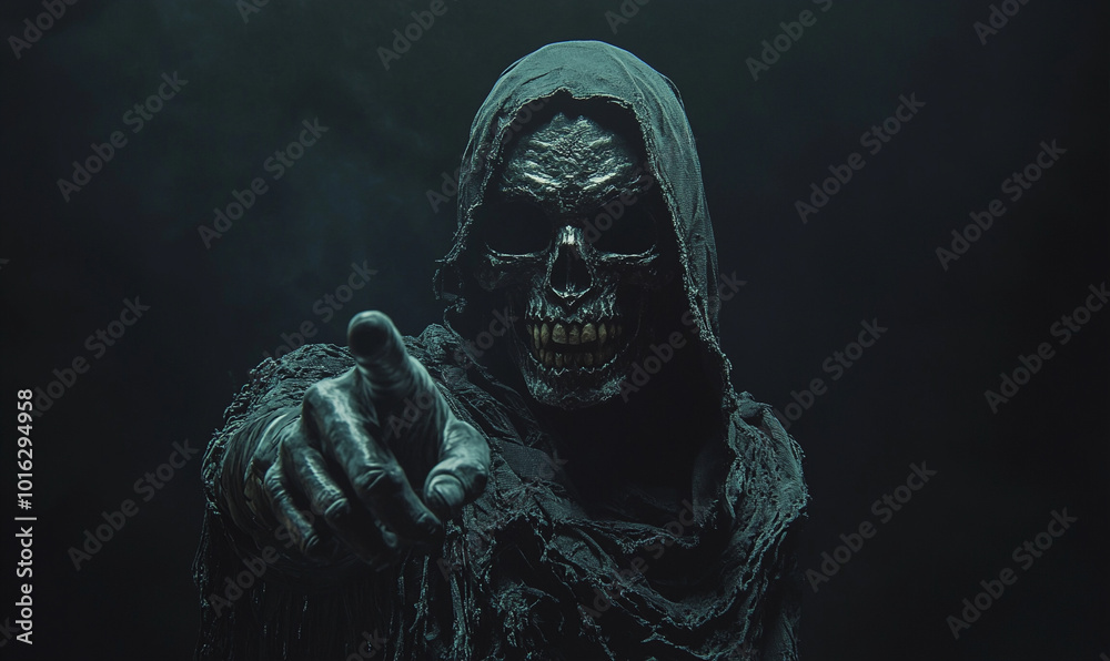 Retrato de la Parca que extiende una mano hacia la cámara y sostiene una guadaña en la otra mano, sobre un fondo oscuro. La imagen tiene un alto contraste, una iluminación cinematográfica y un ambient Retrato de la Parca que extiende una mano hacia la cámara y sostiene una guadaña en la otra mano, sobre un fondo oscuro. La imagen tiene un alto contraste, una iluminación cinematográfica y un ambient