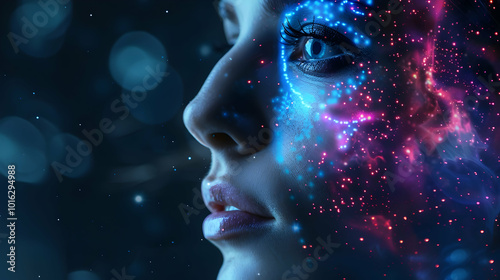 Woman's face with neon constellation mapping, blending astrology and digital art