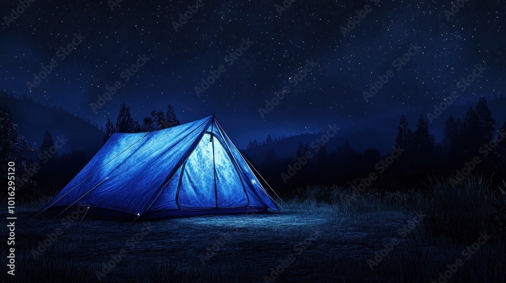 A blue tent illuminated under a starry night sky in a serene natural setting.