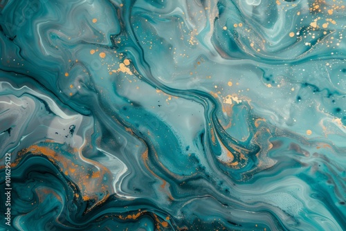 Photo of Turquoise green dark marble fluid art pattern with golden veins. Background texture for backdrops or mapping