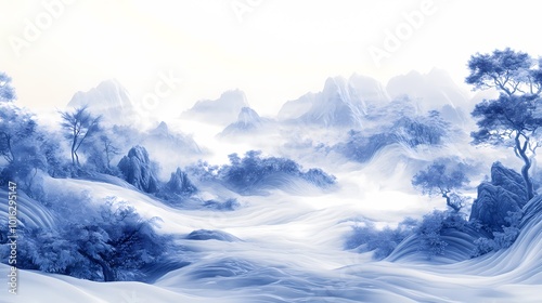 Blue and white traditional landscape painting illustration poster background