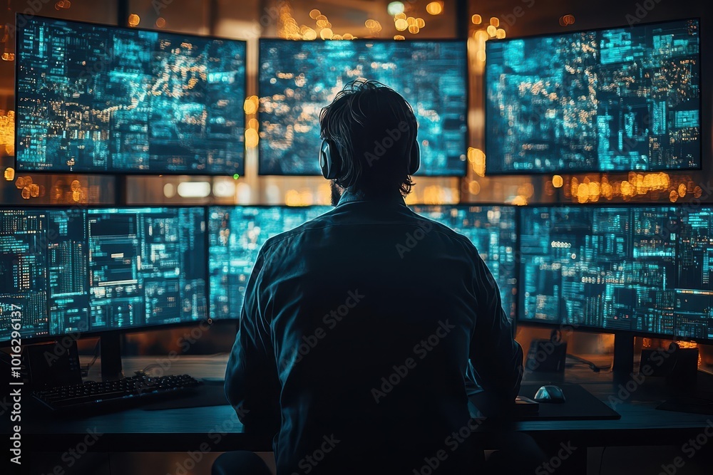 cybersecurity command center with multiple monitors displaying data a focused expert analyzes information dark room with screens providing the main source of illumination
