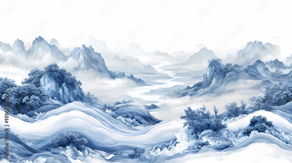 Obraz premium Blue and white traditional landscape painting illustration poster background