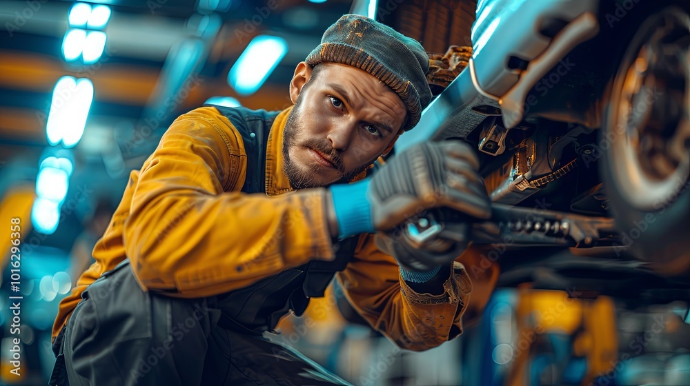 A portrait of an attractive mechanic servicing a vehicle in an automotive shop. The skilled repairman, wearing gloves, is using a ratchet while working underneath the car in a modern, clean workshop A portrait of an attractive mechanic servicing a vehicle in an automotive shop. The skilled repairman, wearing gloves, is using a ratchet while working underneath the car in a modern, clean workshop