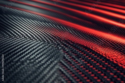 Black Carbon Fiber Abstract Design. Red Tinted Texture for High-Tech Racing Material photo