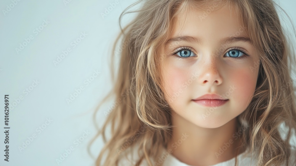 Closeup portrait of a beautiful little girl with long blonde hair and big blue eyes, looking at the camera with a sweet and innocent expression. Closeup portrait of a beautiful little girl with long blonde hair and big blue eyes, looking at the camera with a sweet and innocent expression.