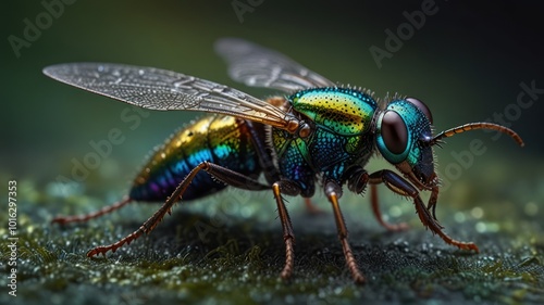 A close-up of a metallic green and blue wasp with iridescent wings perched on a green mossy surface. photo