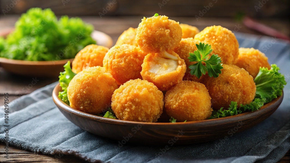 Medium shot of a deep-fried cuttlefish ball with salted egg yolk coating Medium shot of a deep-fried cuttlefish ball with salted egg yolk coating
