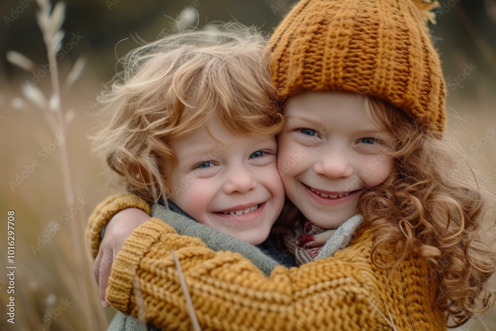 Portrait of two adorable little sisters in warm knitted hats and scarves having fun outdoors Portrait of two adorable little sisters in warm knitted hats and scarves having fun outdoors