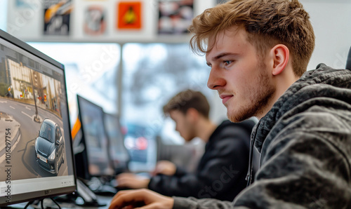 Fahrschüler sitzt während der Theoriestunde in der Fahrschule am Computer und löst Übungsaufgaben